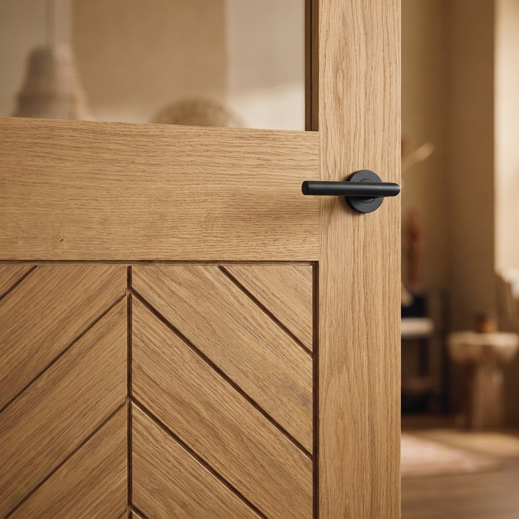 Internal Oak Door Fully Finished with Clear Glass Chevron Design - detail view