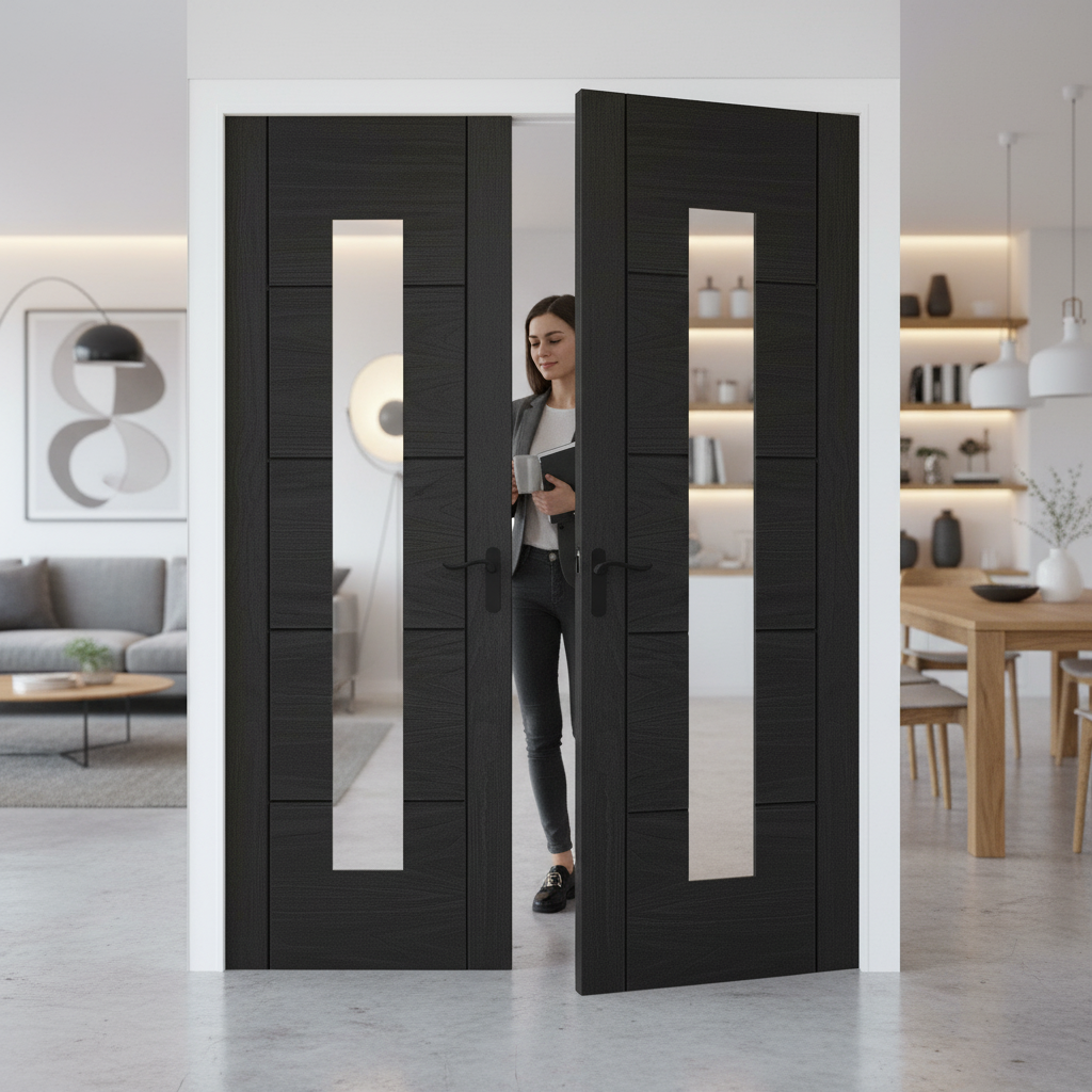 Premium Internal Black Finished Oak Door Pair with Clear Glass Light - Durable & Stylish Design - Image 2