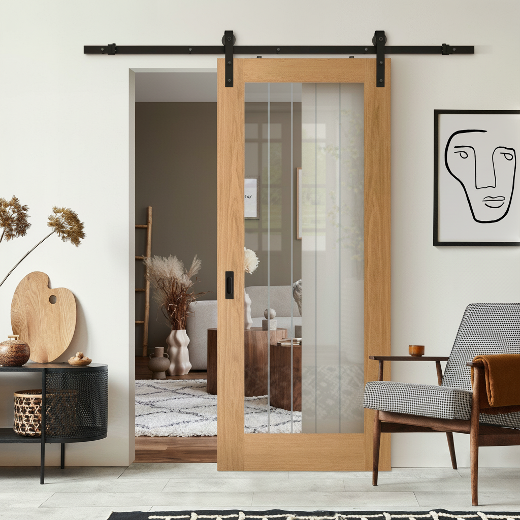 Premium Internal Oak Finished Sliding Door with Obscure Lined Clear Glass and Durable Steel Track for Modern Interiors