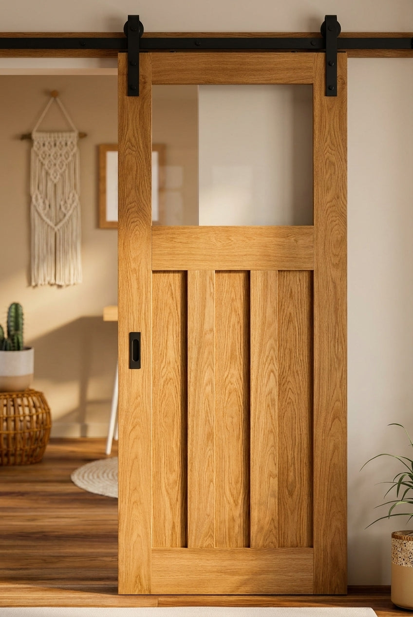 Internal Oak Sliding Door Unfinished 1930s 3 Panel 1 Light Clear Glass - detail view
