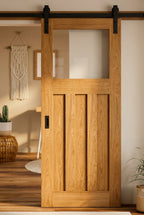 Internal Oak Sliding Door Unfinished 1930s 3 Panel 1 Light Clear Glass - detail view