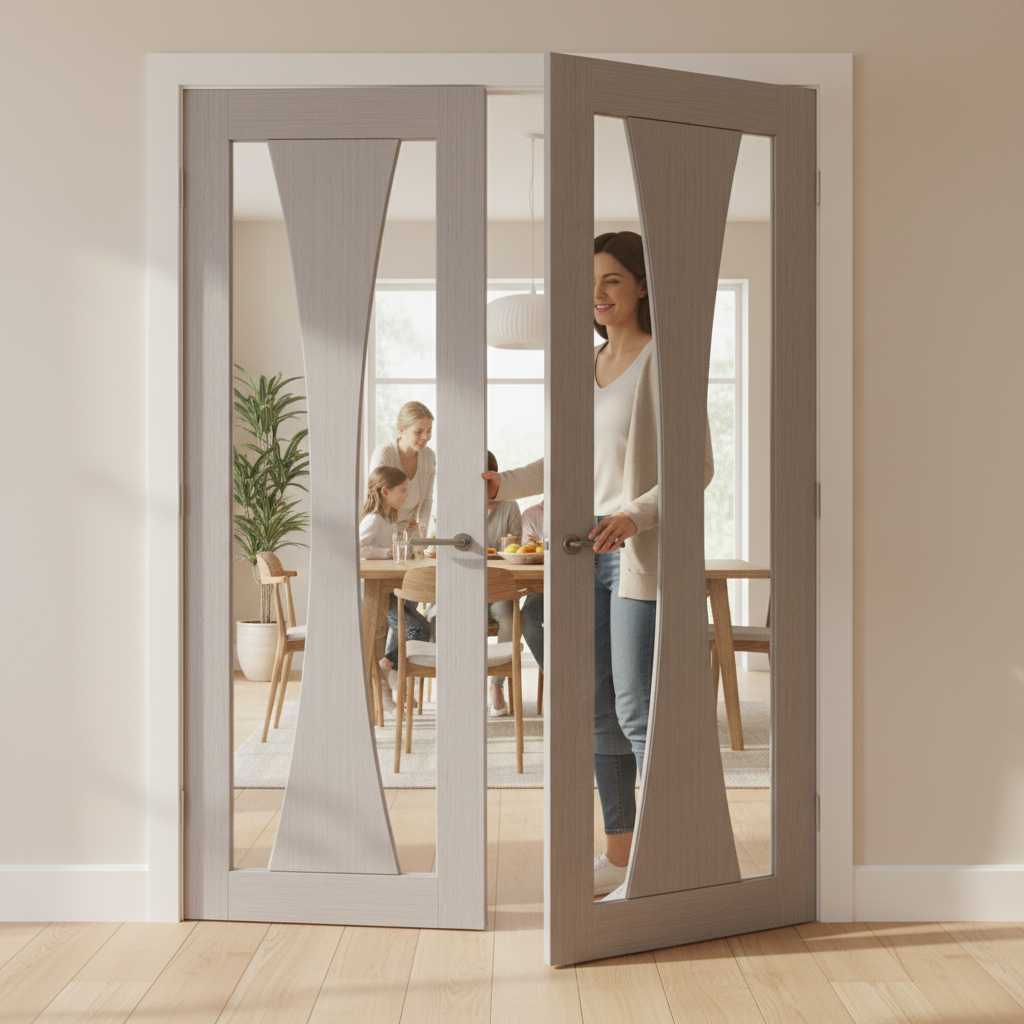 Premium Light Grey French Doors with Distinctive Curved Glass Panels for Stylish Modern Design