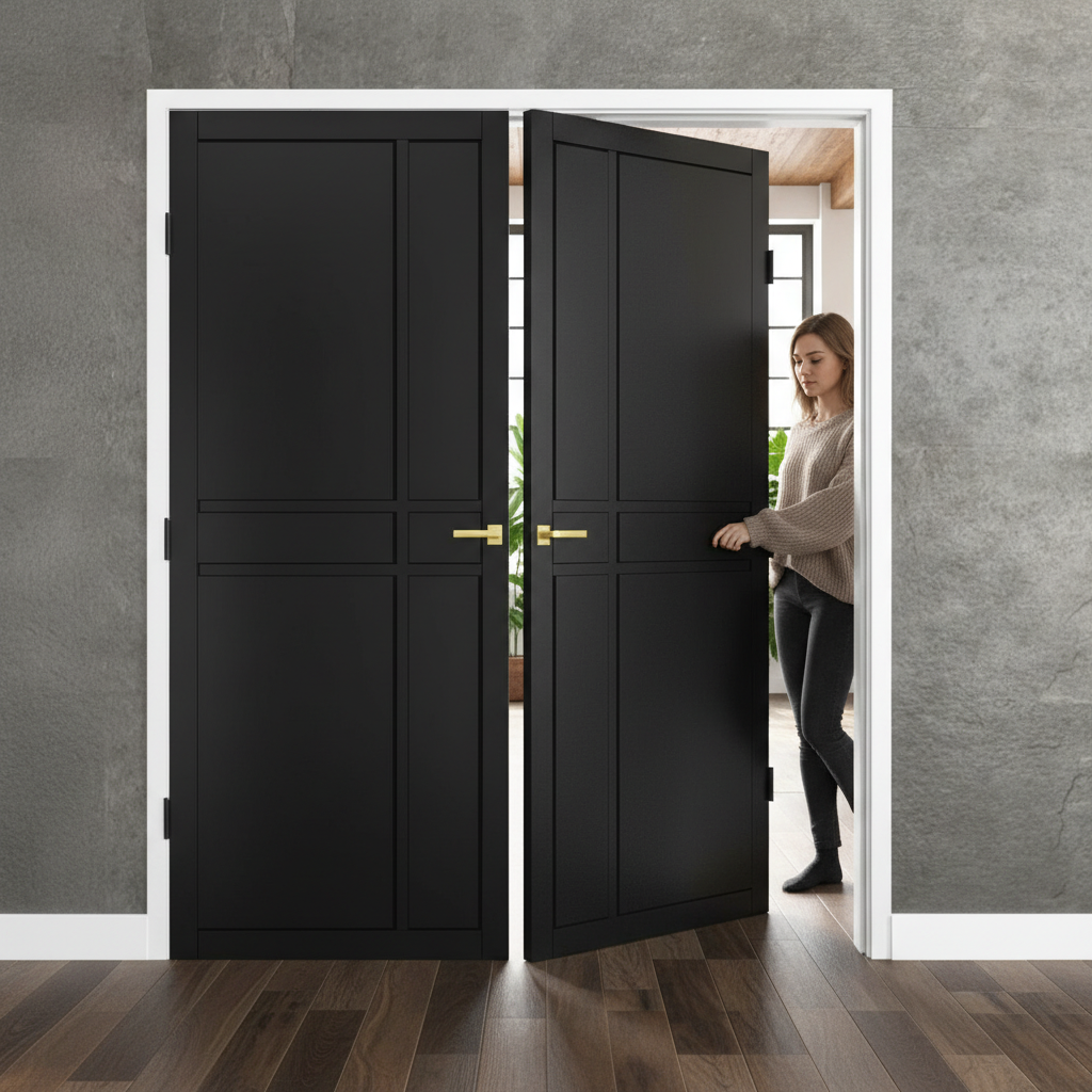 Premium Custom Made Industrial Style Door Pair - Prefinished Black, Solid Core, Suitable for Pocket Door Systems