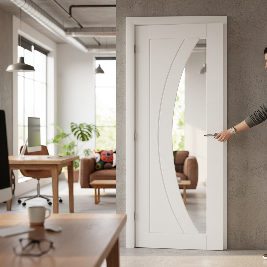 Premium White Primed Glazed Internal Door with Deep U-Groove Design and Clear Tempered Safety Glass