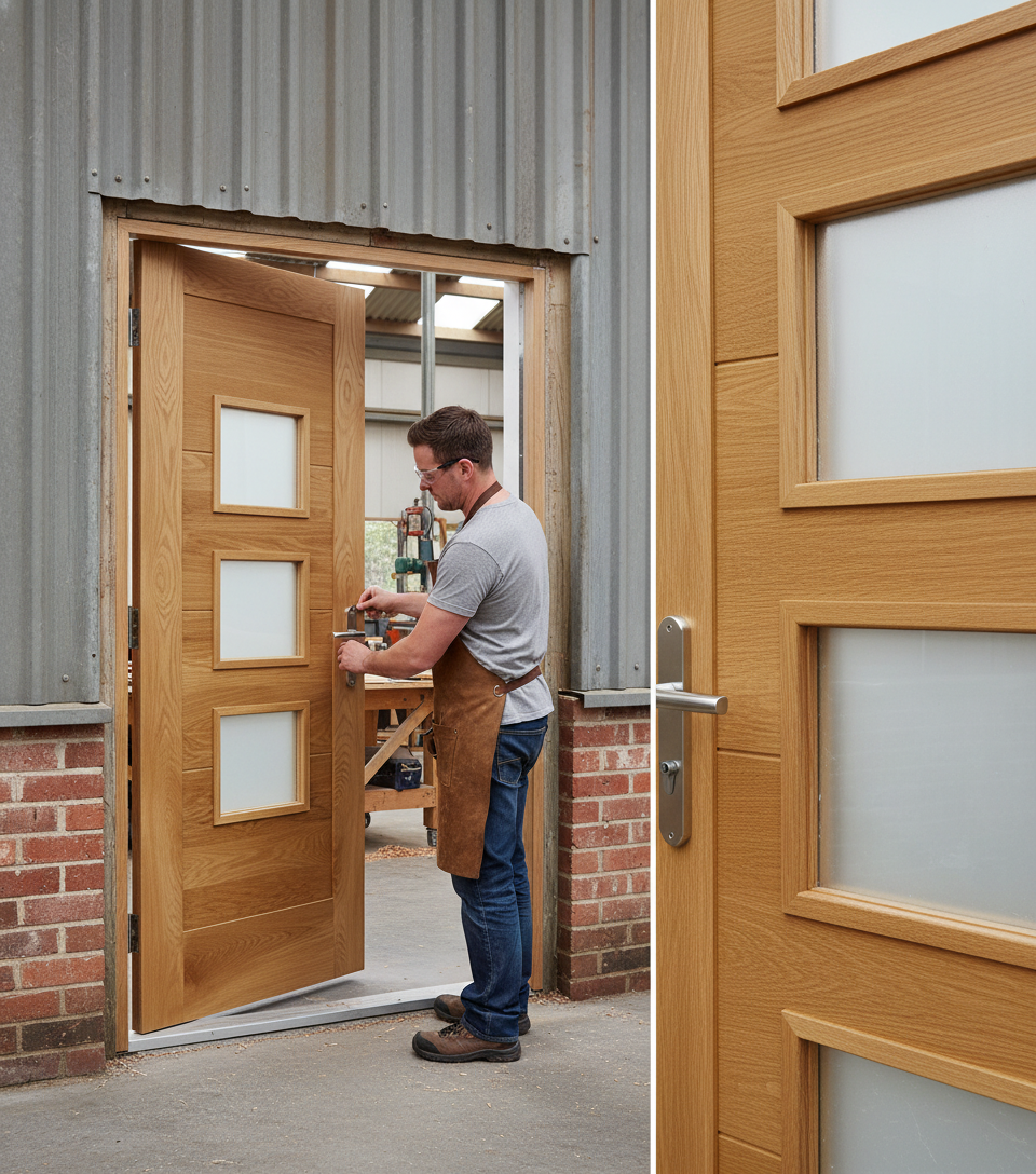 Premium Contemporary Oak External Door with Sandblasted Glass - Unfinished for Custom Finishing