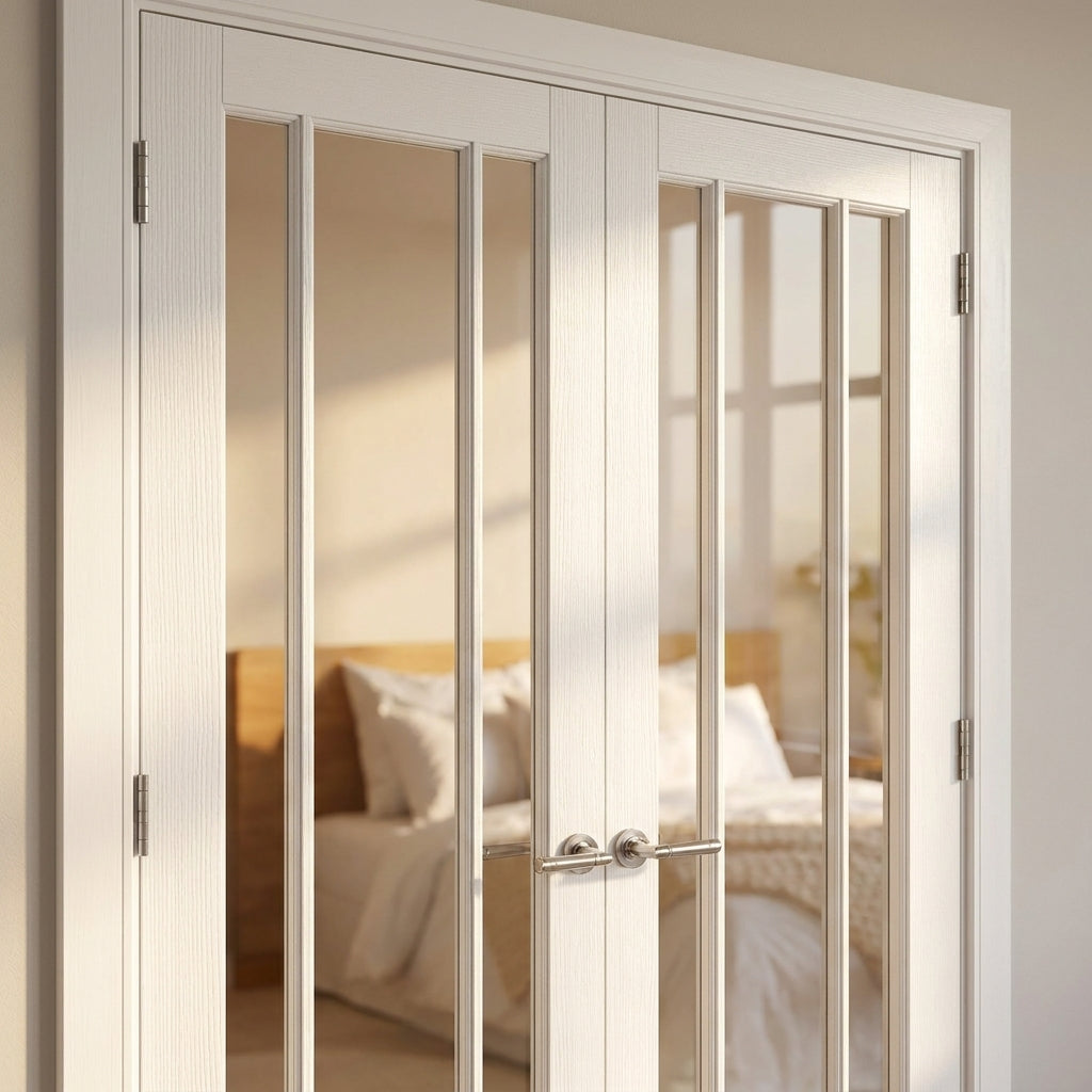 Internal French Door with 3 Clear Glass Lights, White Primed, Solid Core - detail view