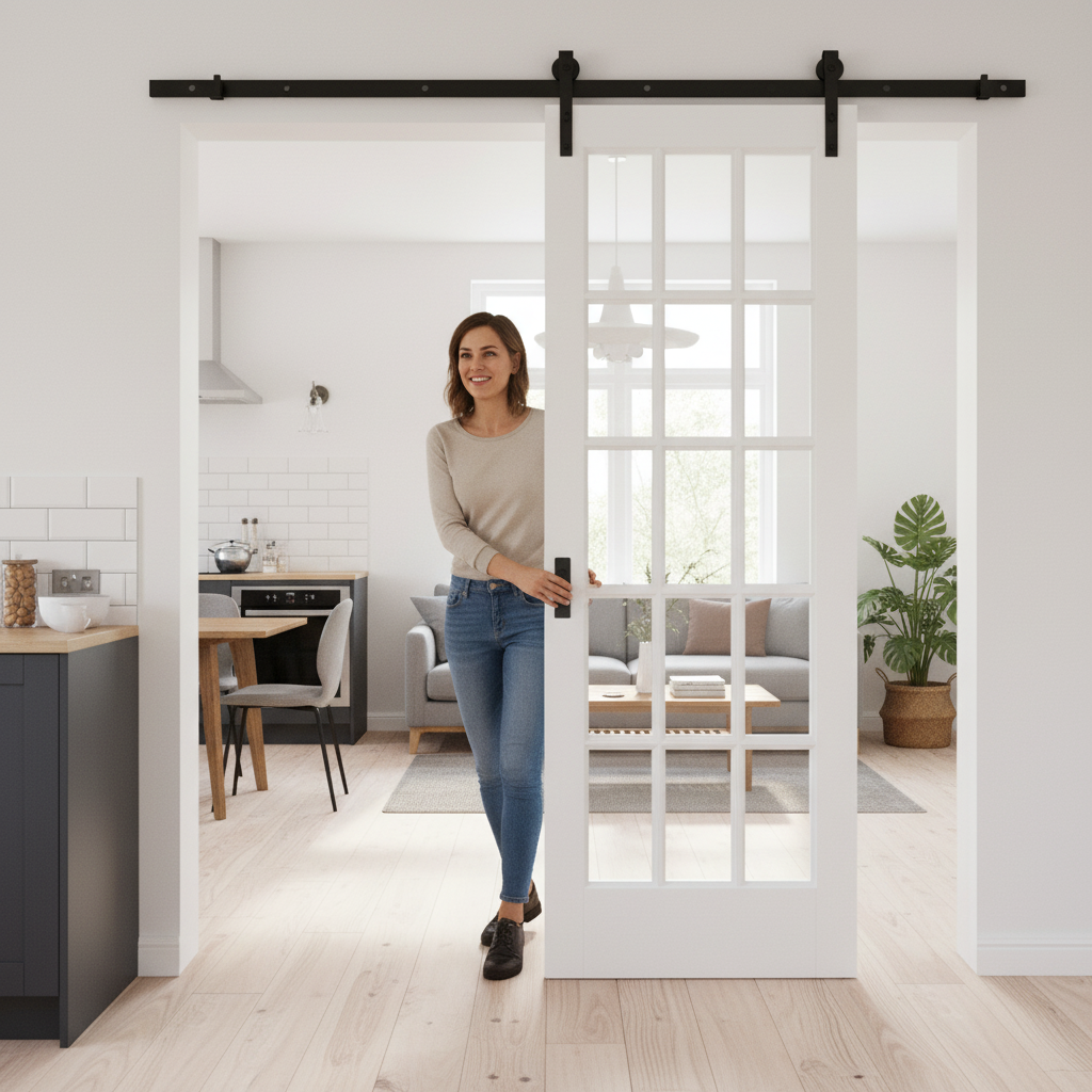 Internal Sliding Door with Clear Glass Panels and Black Top Mounting - 15 Light Design for Elegant Spaces - Image 2