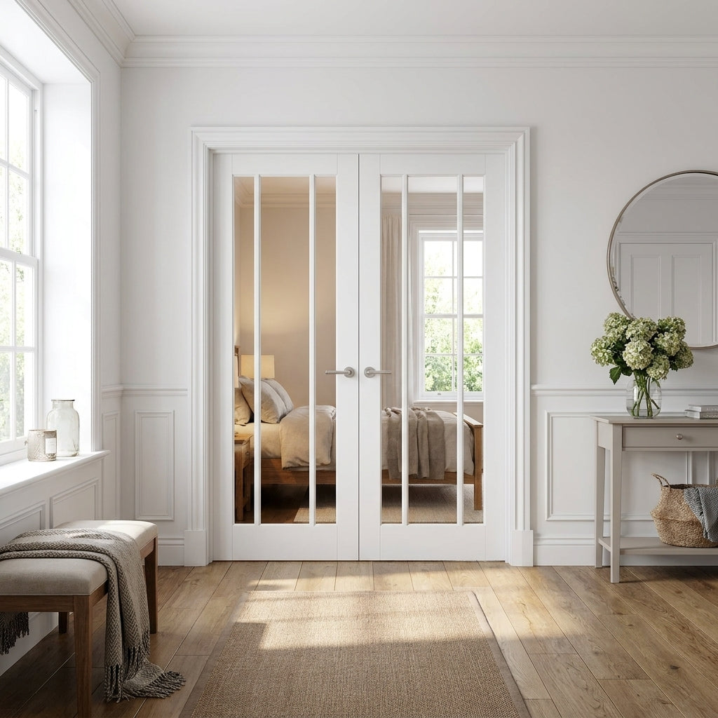 Internal French Door with 3 Clear Glass Lights, White Primed, Solid Core
