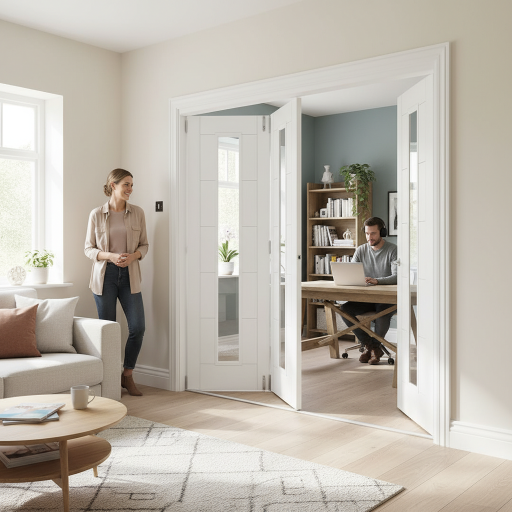 Premium White Clear Glazed Room Divider with Bi-Folding Doors and Top Hung System for Versatile Space Management