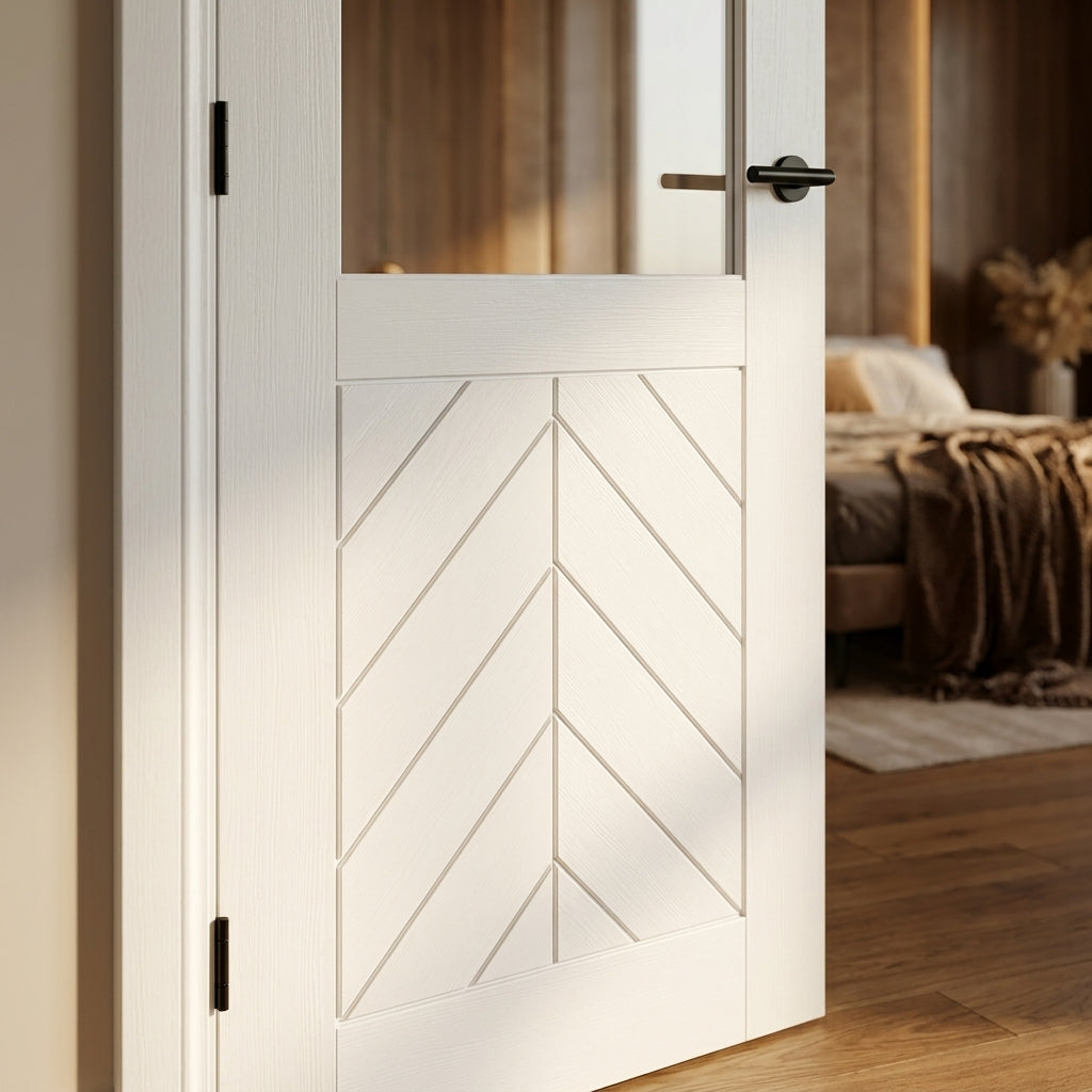 Internal White Door with Chevron Clear Glass, Primed, Solid Core - detail view