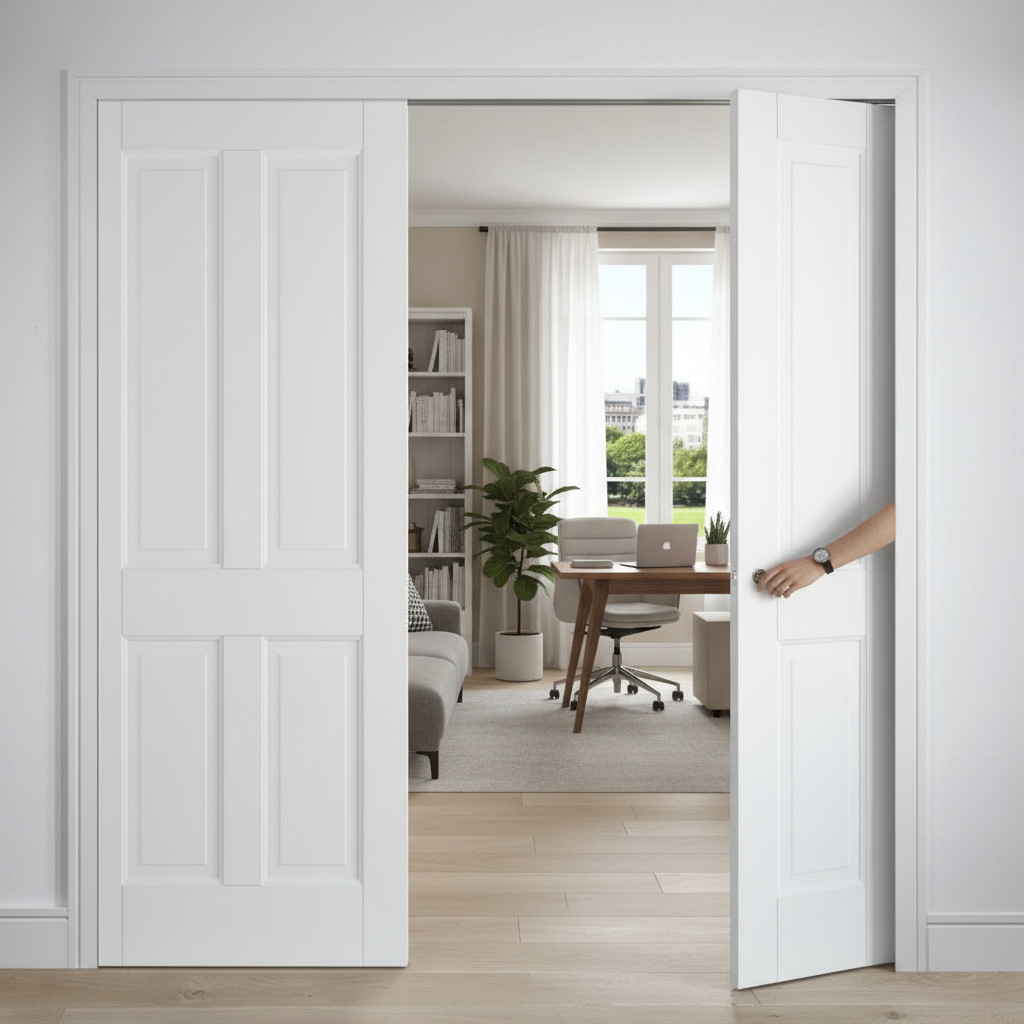 Premium Solid White 4P Telescopic Pocket Door System for Elegant Spaces - High-Quality Professional Grade for Industrial and Commercial Applications