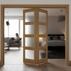 Premium Fully Finished Oak Obscure Glazed Room Divider with Bi-Folding Doors and Top Hung System for Space Flexibility