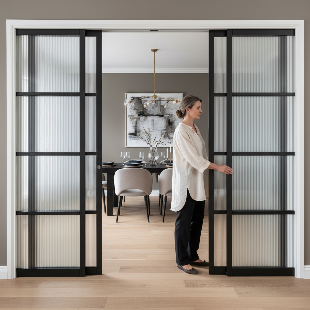 Premium Industrial Glazed 4 Door Telescopic Pocket Door System with Reeded Glass and Complete Wooden Jamb Kit