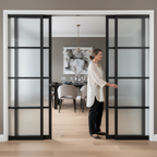 Premium Industrial Glazed 4 Door Telescopic Pocket Door System with Reeded Glass and Complete Wooden Jamb Kit