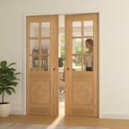 Professional Clear Glazed Double Pocket Door Set with Diamond Match Veneers and Galvanised Steel Frame for Elegant Interior Design