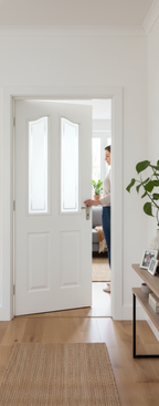 Premium White Primed Internal Glazed Door with Frosted Panels and Curved Top Edge for Enhanced Privacy and Light