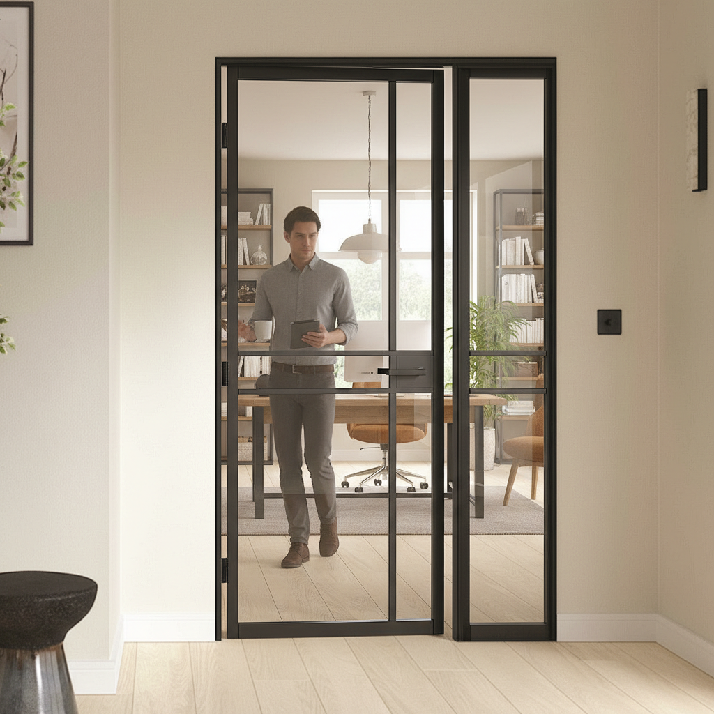 Premium Industrial Style Offset French Doors with Demi Panel - Modern Design and Large Glass Panes for Enhanced Light