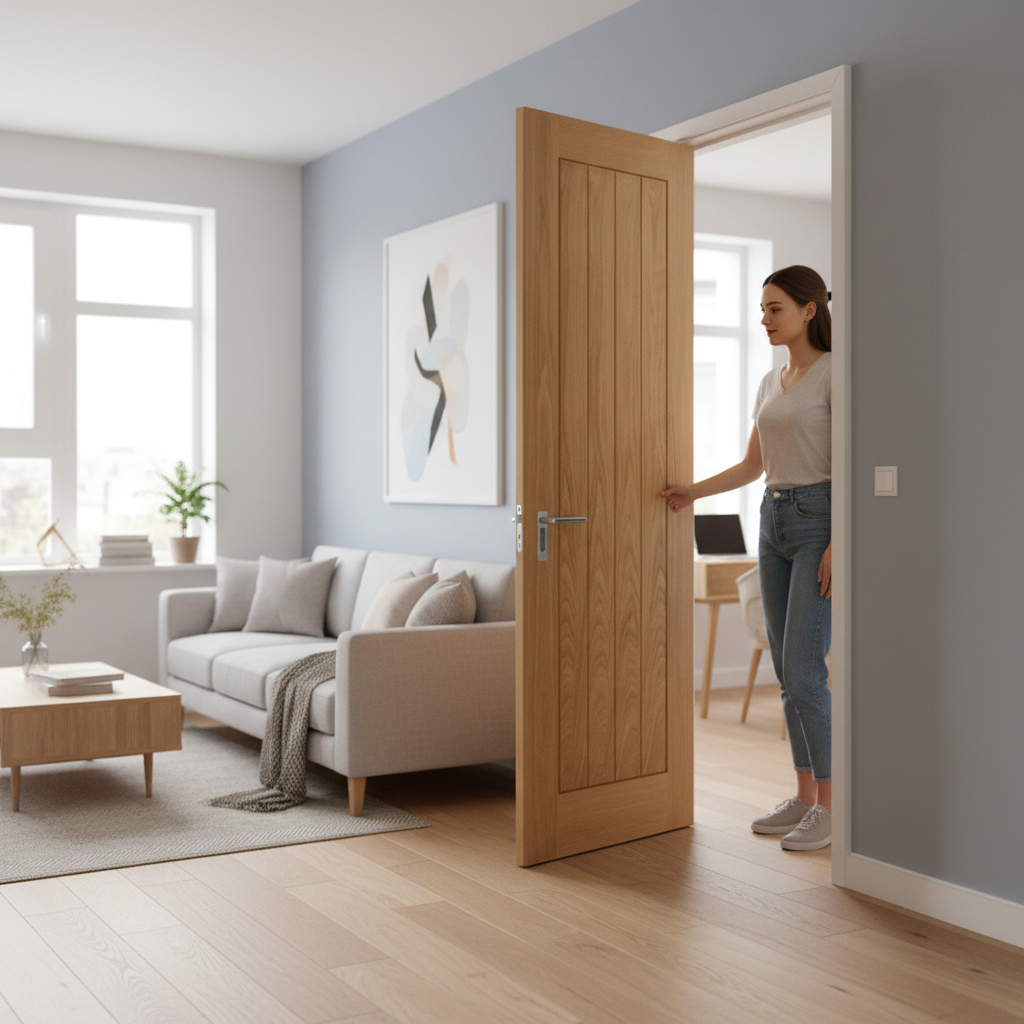 Fully Finished Internal Pocket Door Set with Elegant Oak Finish, Space-Saving Design, and Easy Installation for Modern...