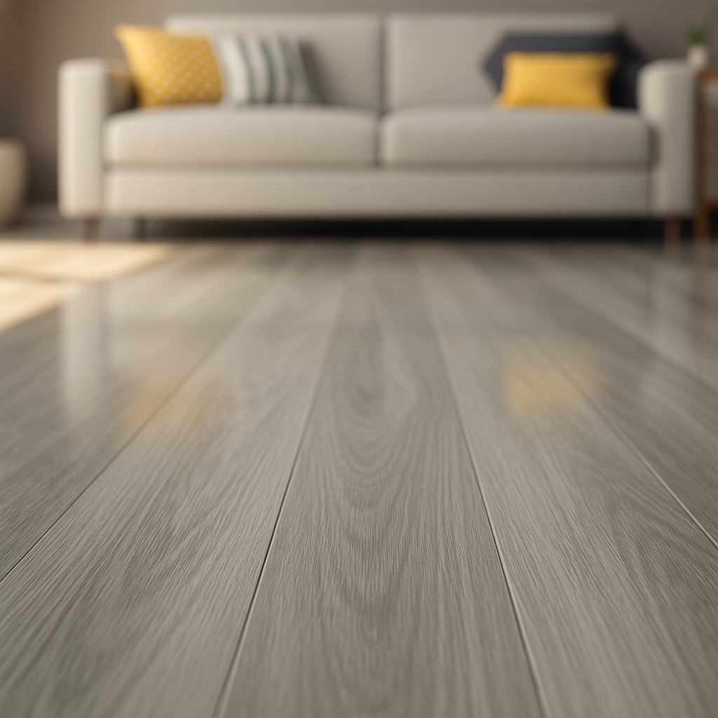 High Gloss Laminate Flooring in Silver Grey Oak - 12mm Thickness - detail view