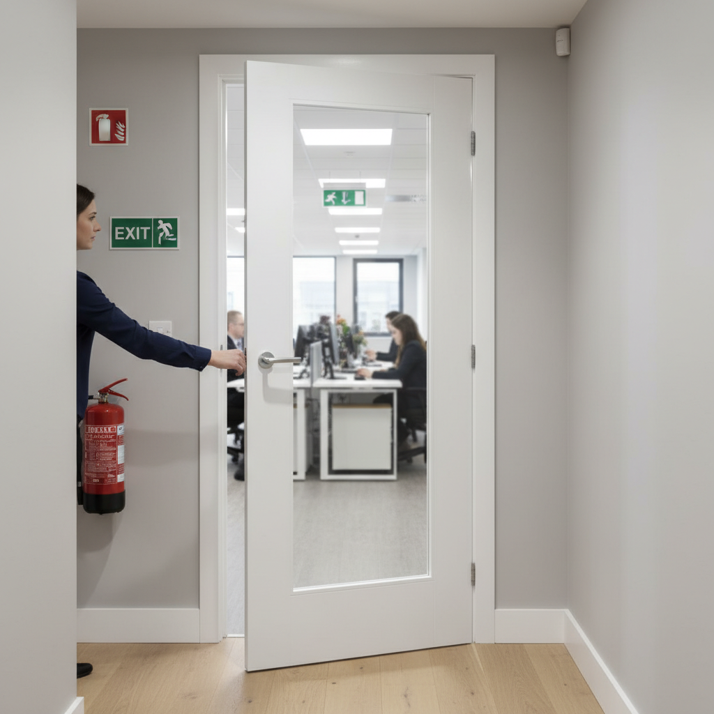 Professional White Glazed Fire Door - FD30 Fire Rated with Clear Safety Glass and Engineered Construction