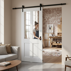 White Primed Internal Victorian 2 Panel Clear Glass Sliding Door with Black Top Mount Kit for Elegant Home Design - Image 2
