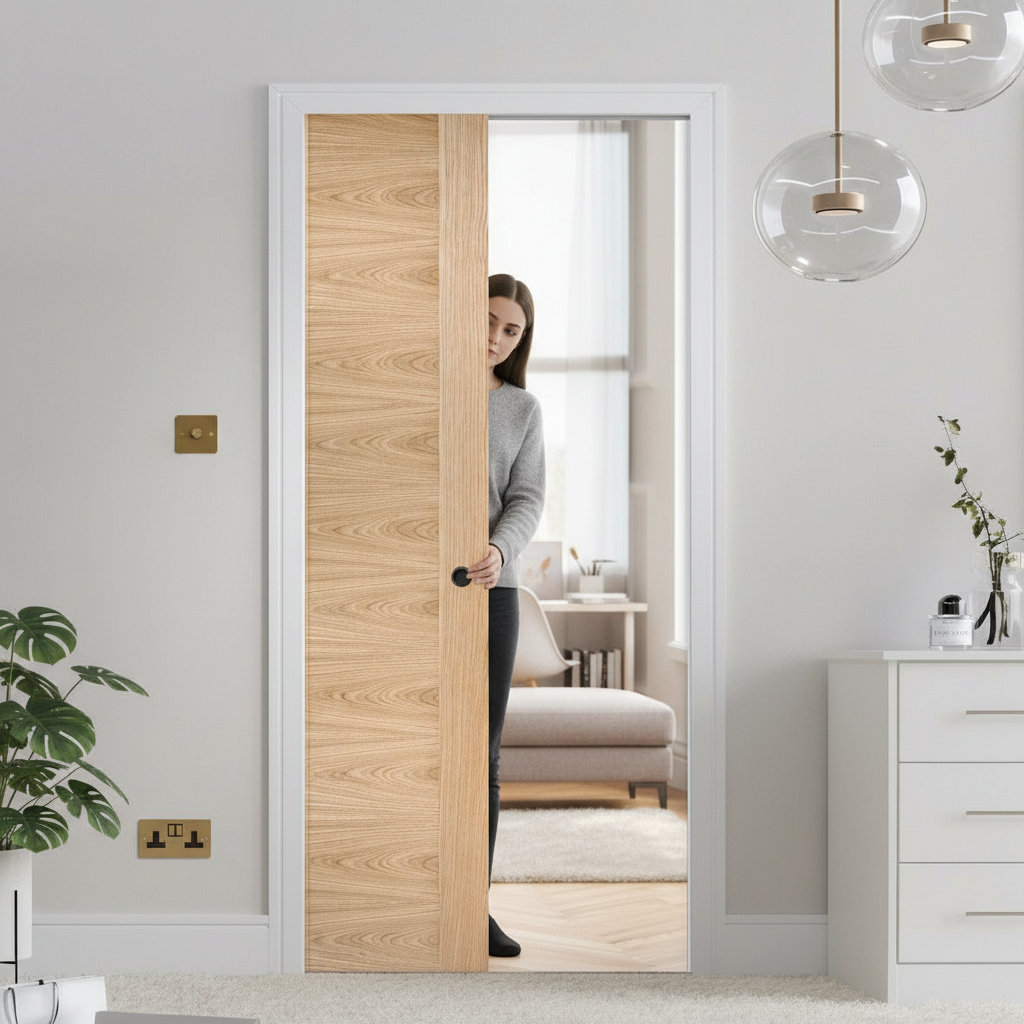 Premium Oak Pocket Door Set with Galvanised Steel Frame, Adjustable Jamb Options, and Soft Close Accessories