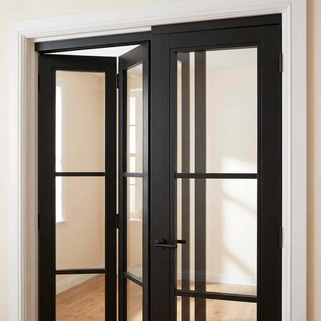 Internal Bi-Fold Door, Jet Black, Fully Finished, 3 Light Clear Glass Design - detail view