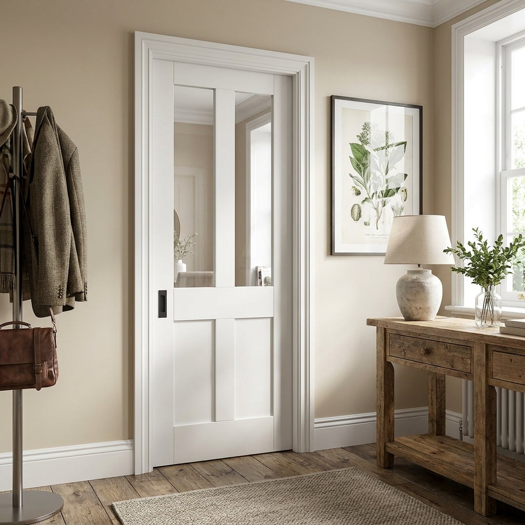 Internal Pocket Door Set with White Primed Finish, 2 Panel, 2 Light Obscure Glass