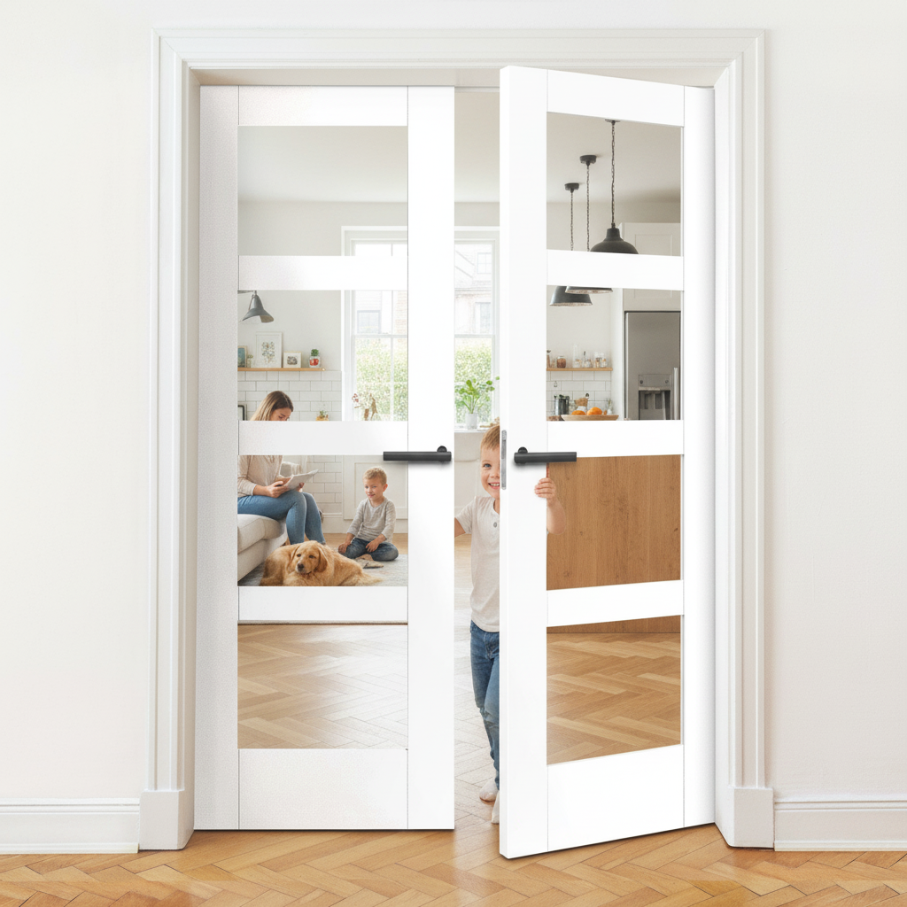 Internal White Primed Shaker 4 Light Clear Glass Door Pair for Enhanced Natural Light and Modern Aesthetics - Image 2
