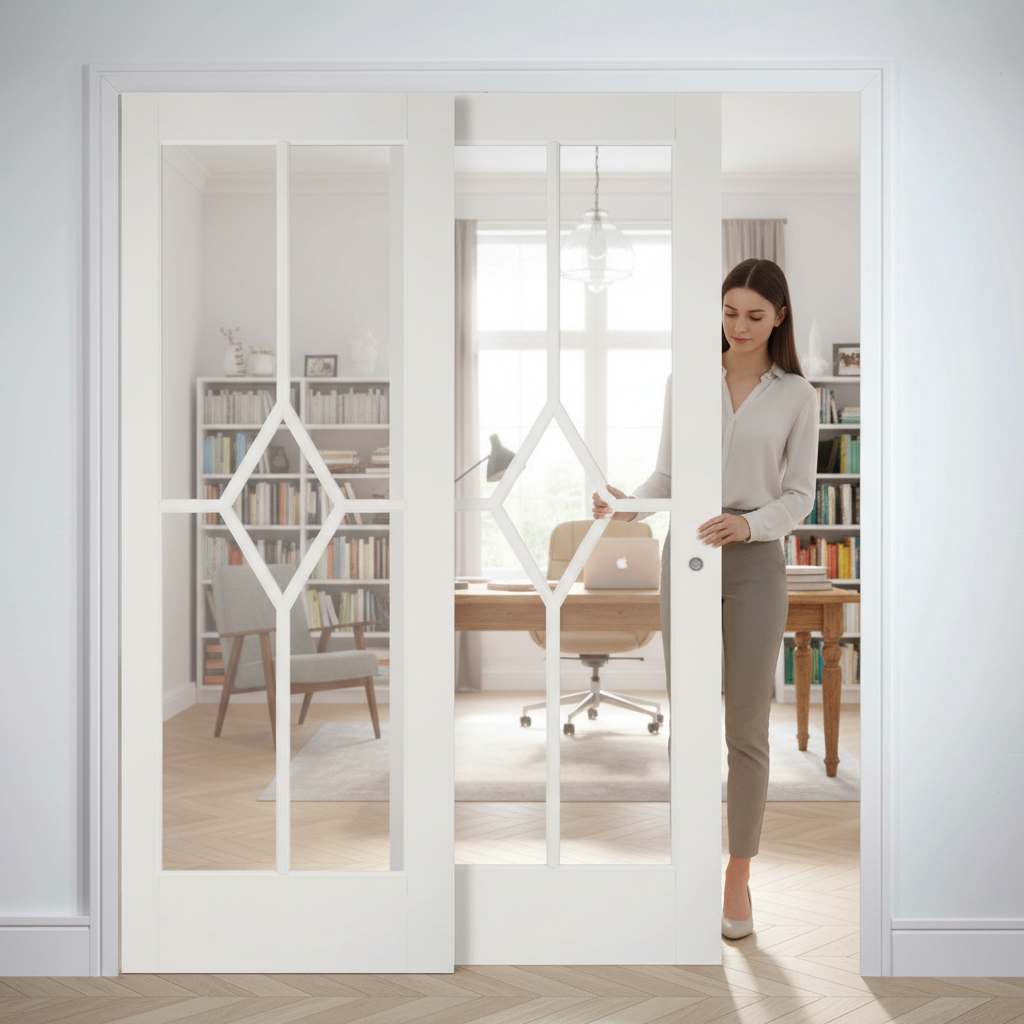 Premium Telescopic Pocket Door System with Clear Glazed Panels and Diamond Design for Elegant Interior Spaces