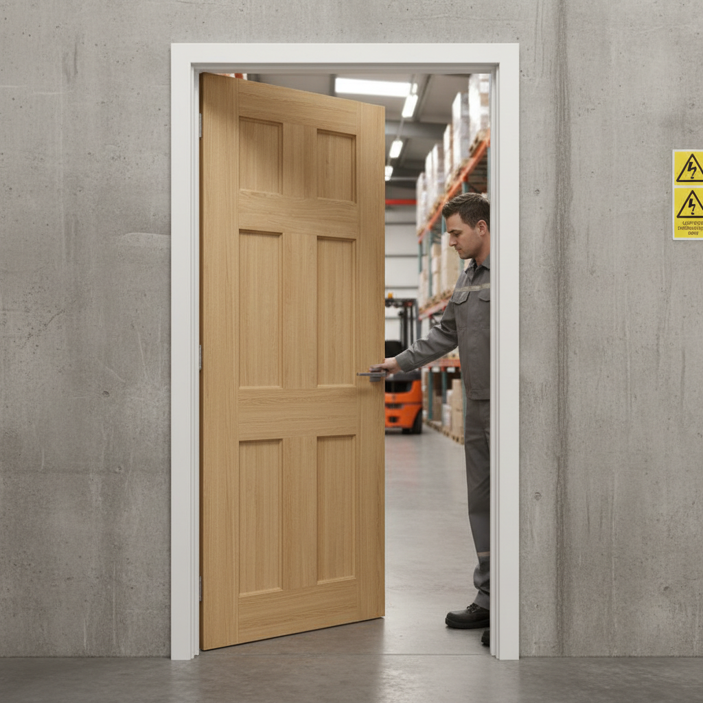 Premium Fully Finished Oak Internal Fire Door with 30 Minute Rating, Bevelled Panels and Solid Core Construction