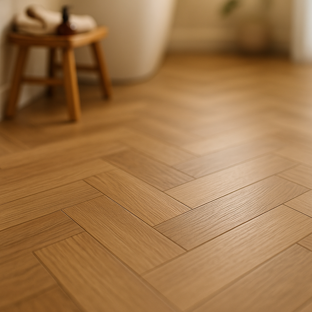 Herringbone 2mm UV Coated LVT Flooring in Burnaby Oak Finish - detail view