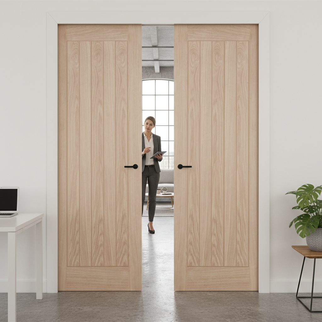 Premium Fully Finished Double Pocket Door Set with Oak Veneer and Galvanised Steel Frame for Strength and Stability