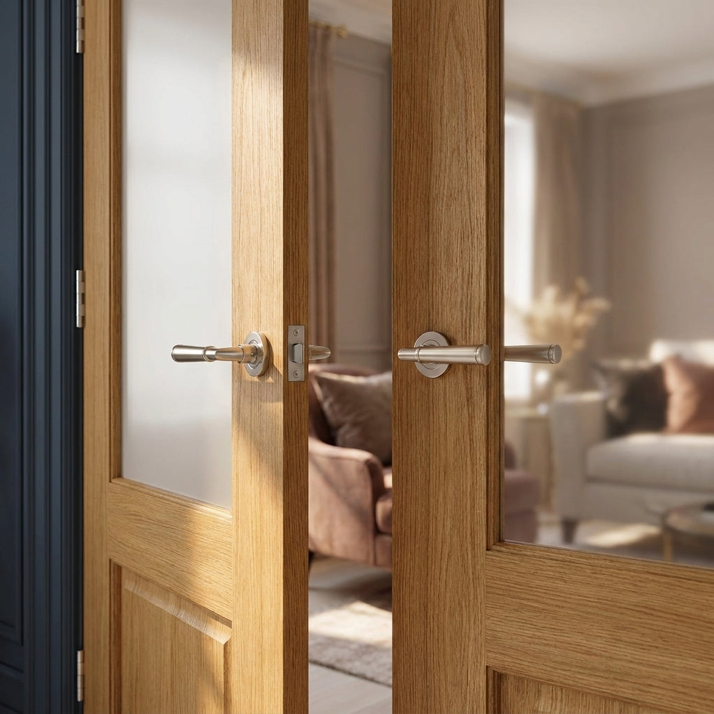 Internal Oak French Door with 1 Light Obscure Glass, Unfinished, Solid Core - detail view