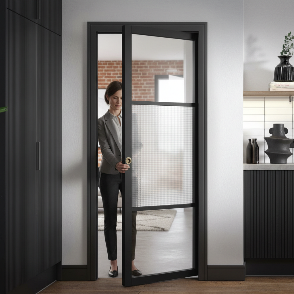 Premium Industrial-Style Reeded Glazed Pocket Door Set with Adjustable Frame for Modern Interiors