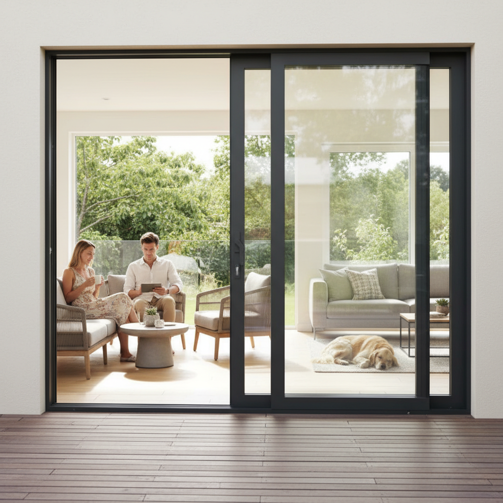 Premium 9ft Grey Aluminium Inline Sliding Doors with Multi-Point Locking and Thermally Efficient Double Glazing