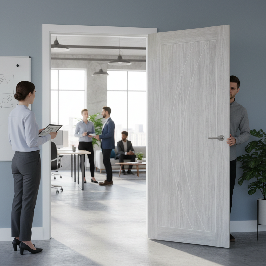 Premium White Grey Laminate Door with Deep Curved Grooves and Low Maintenance Finish