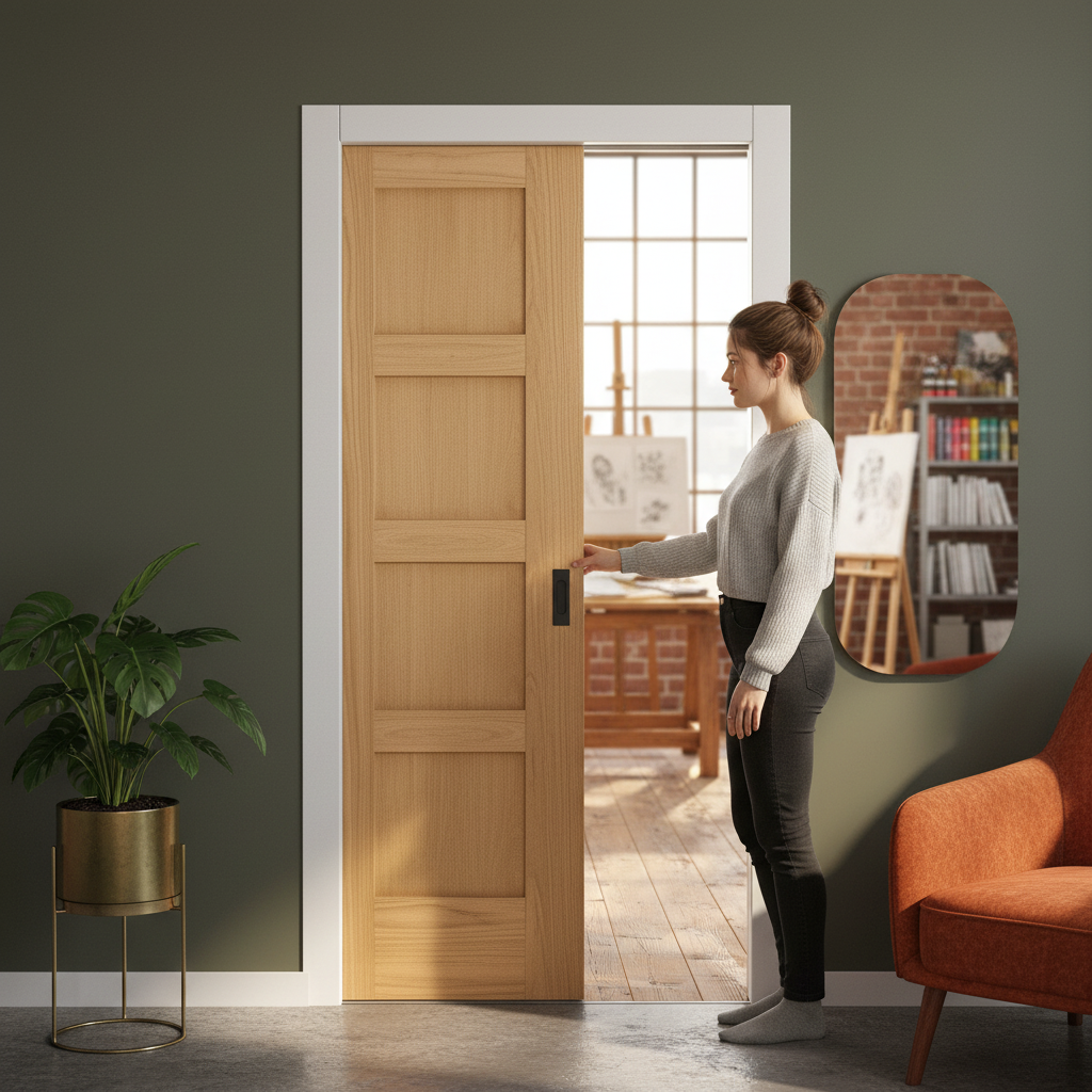 Premium Oak Unfinished Shaker 4 Panel Framed Pocket Door Set for Classic Elegance and Custom Finishing