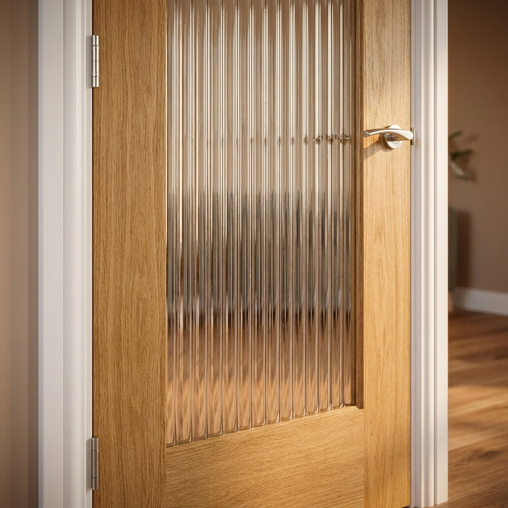 Internal Oak Door with Fully Finished Surface and 1 Light Reeded Glass - detail view