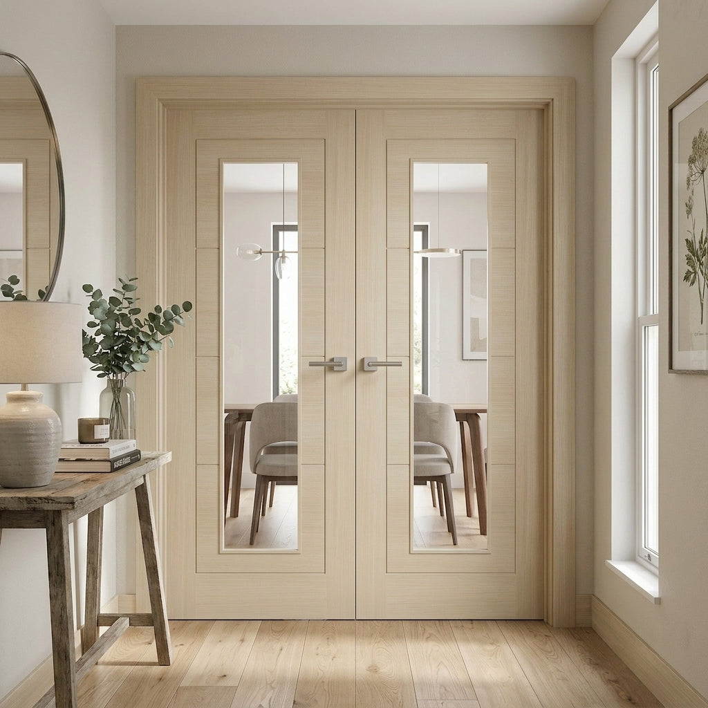 Internal Double Door with Clear Glass, Fully Finished, Blonde Oak, Ladder Design