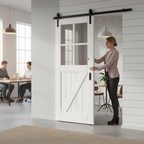 Premium White Primed Barn Sliding Door Set with 4 Light Clear Glass Panels for Rustic Home Aesthetics and Space Efficiency - Image 2