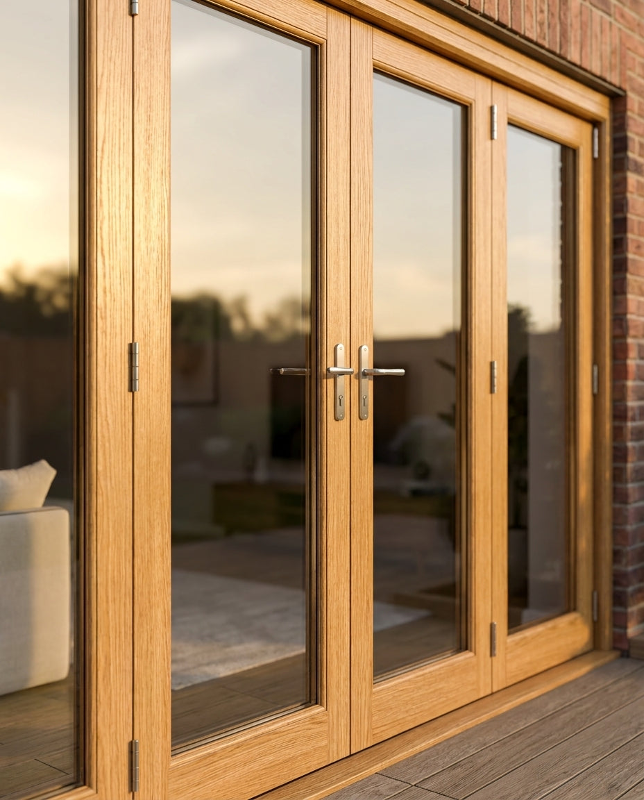 External Folding Patio Door Set 3+1 Oak Fully Finished with Toughened Glazing - detail view