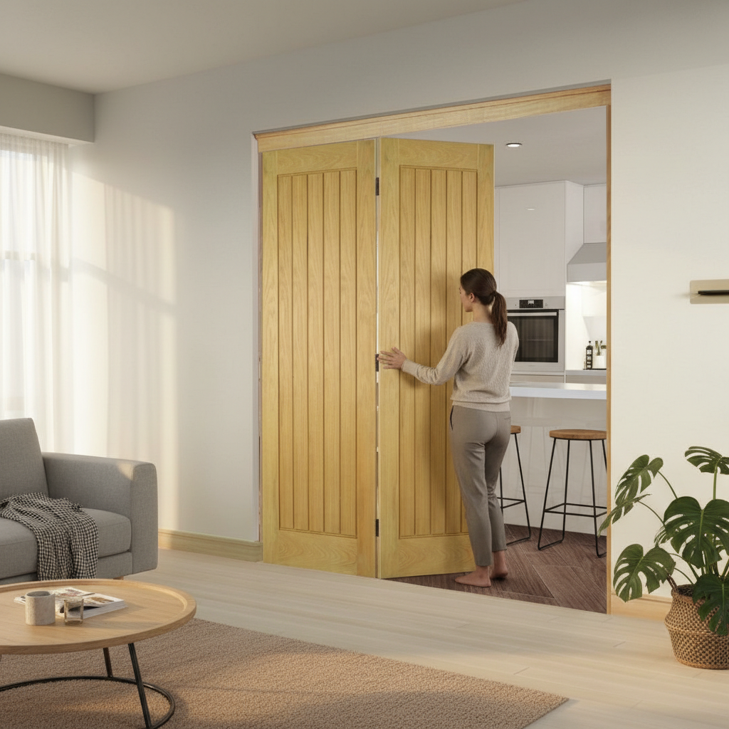 Premium Bifolding Doorset with Unfinished Oak Frame and Multiple Configurations for Seamless Room Transitions