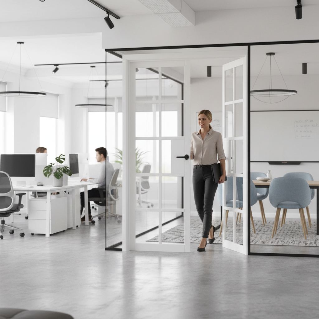 Premium White Industrial Style Glazed Door Pair with Solid Framing and Clear Safety Glass for Contemporary Interiors