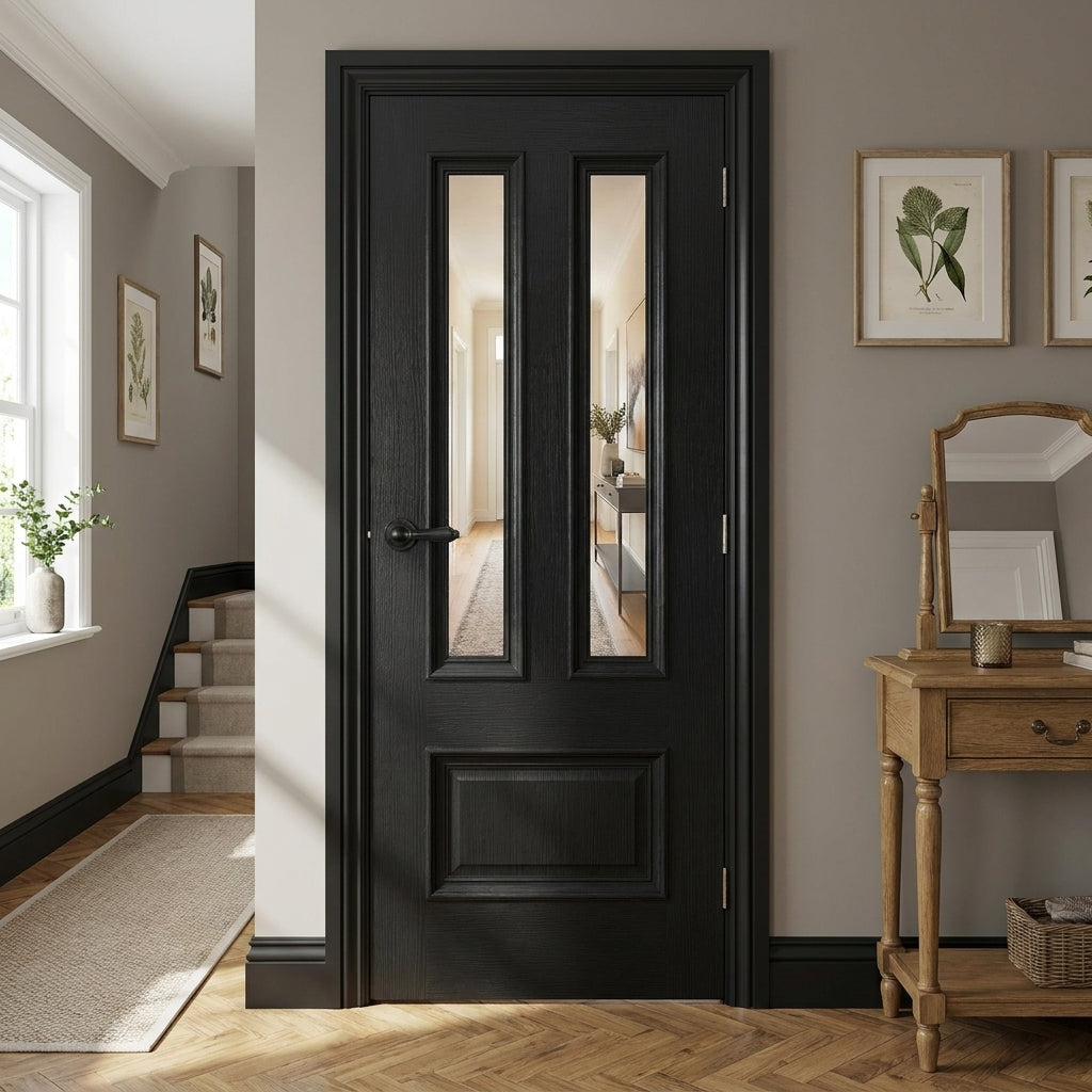 Internal Black Door with Clear Glass, Fully Finished, 3 Panel Design