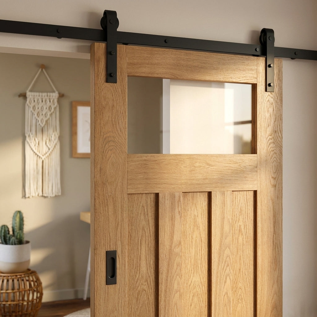 Sliding Oak Internal Door Unfinished 1930s DX 3 Panel 1 Light Clear Glass - detail view
