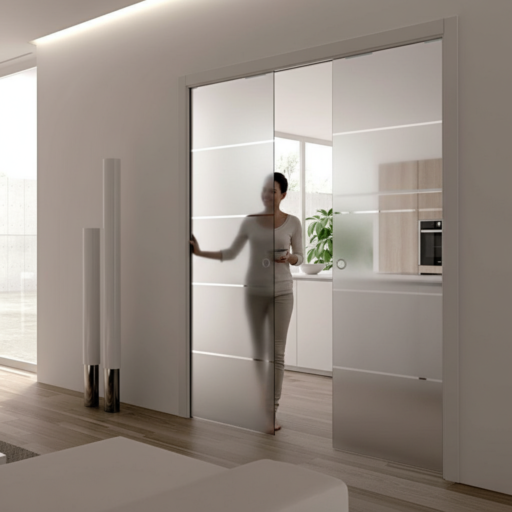 Premium Double Satin Striped Glass Pocket Door System with Easy Slide Mechanism and Tempered Glass for Modern Spaces