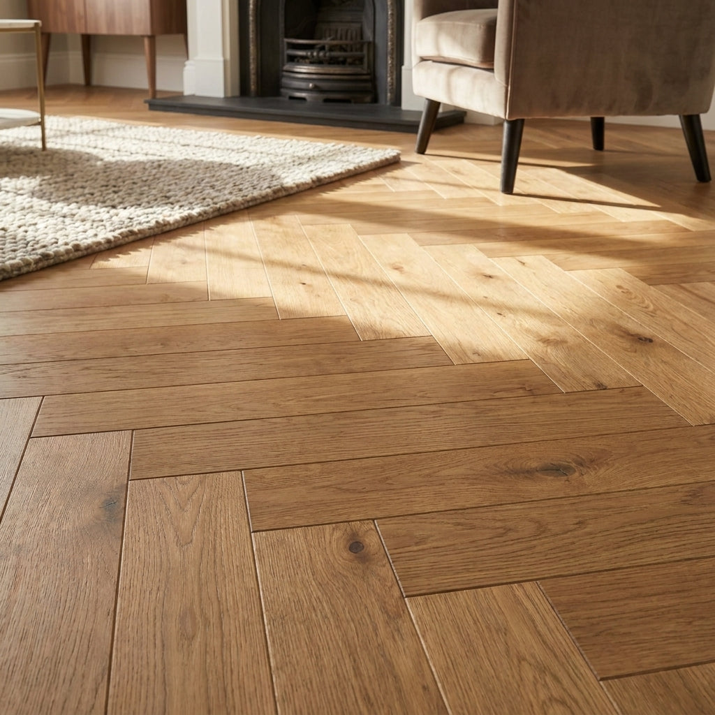 8mm Herringbone Laminate Flooring in Oak with Water-Resistant Finish - detail view