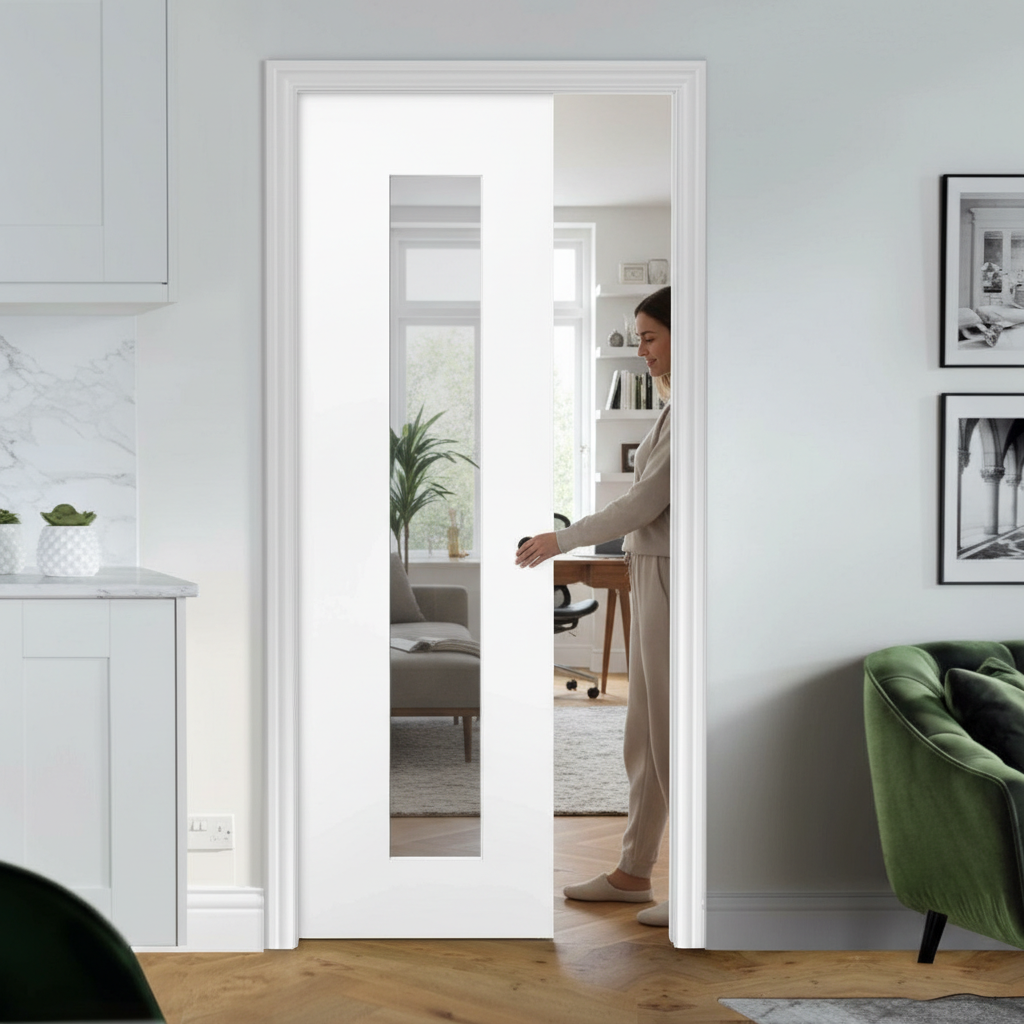 Premium Clear Glazed Long Light Pocket Door Set with Galvanised Steel Frame and Adjustable Jambs for Modern Interiors