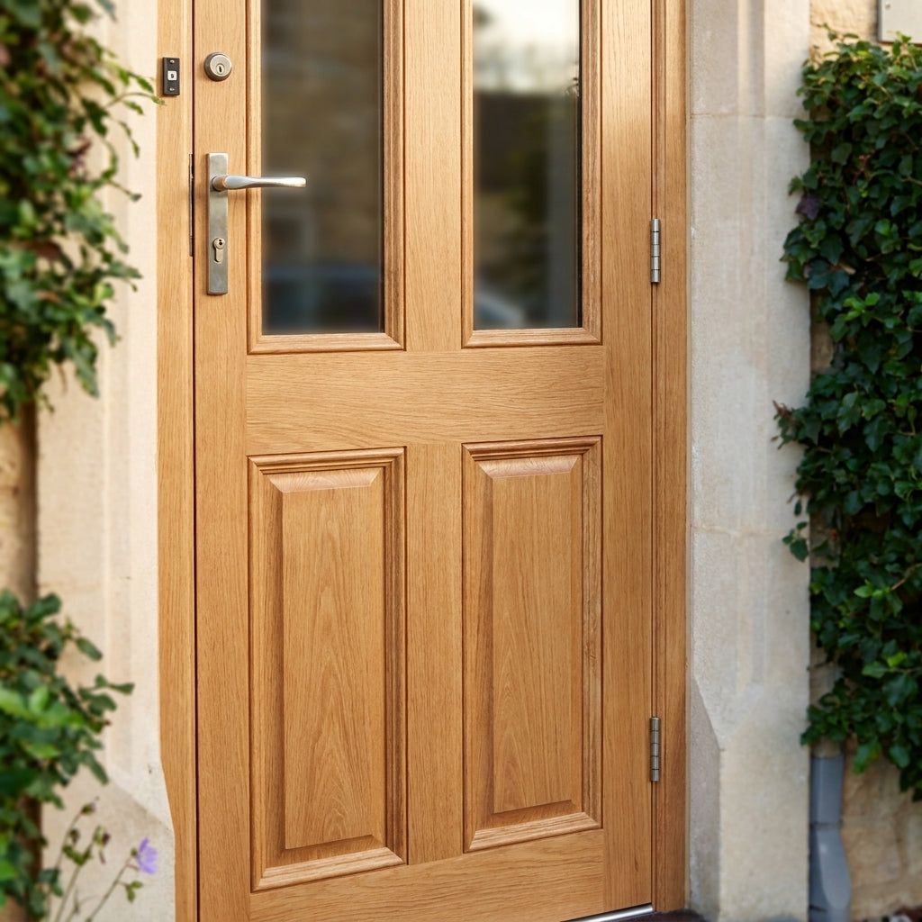 External Hardwood Door Unfinished 2 Panel 2 Light Obscure Glass - detail view